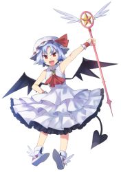 Rule 34 | 1girl, adapted costume, anarogumaaa, ascot, blue hair, brooch, cardcaptor sakura, demon tail, demon wings, fang, frills, full body, hat, hoshi no tsue, jewelry, mob cap, open mouth, parody, red eyes, remilia scarlet, rod, sleeveless, solo, tail, touhou, white background, wings