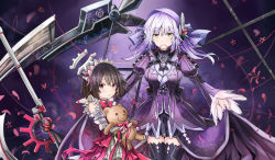 Rule 34 | 10s, 2girls, absurdres, anchor (clockwork planet), axe, black hair, black legwear, bow, bowtie, clockwork planet, clothes lift, cowboy shot, detached sleeves, hugging doll, dress, dress lift, feather-trimmed sleeves, frills, hair ornament, height difference, highres, huge weapon, jeffrey10, juliet sleeves, lifted by self, long hair, long sleeves, maid headdress, mouth hold, multiple girls, hugging object, parted lips, petals, pink eyes, puffy sleeves, purple dress, red bow, red bowtie, red dress, ryuzu (clockwork planet), scythe, short hair, silver hair, string, string of fate, stuffed animal, stuffed toy, teddy bear, thighhighs, veil, weapon, yellow eyes
