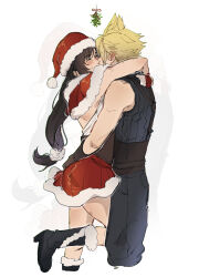 Rule 34 | 1boy, 1girl, arms around neck, backless outfit, baggy pants, bare shoulders, black footwear, black gloves, black hair, blonde hair, blue sweater, blush, boots, brown hair, capelet, christmas, closed eyes, cloud strife, commentary, couple, dress, ear blush, english commentary, feet out of frame, final fantasy, final fantasy vii, final fantasy vii ever crisis, foot up, fur-trimmed capelet, fur-trimmed footwear, fur-trimmed gloves, fur-trimmed headwear, fur-trimmed skirt, fur trim, gloves, hair ornament, hat, high heel boots, high heels, highres, hug, implied kiss, kiss, long hair, low-tied long hair, mistletoe, official alternate costume, pants, pom pom (clothes), pom pom hair ornament, pudelmudel, red capelet, red footwear, red gloves, red skirt, ribbed sweater, santa costume, santa dress, santa hat, skirt, sleeveless, sleeveless turtleneck, spiked hair, standing, standing on one leg, suspenders, sweater, tifa lockhart, tifa lockhart (fairy of the holy flame), turtleneck, turtleneck sweater, very long hair, white sweater