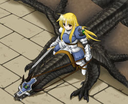 Rule 34 | 00s, 1girl, armor, blonde hair, claws, dragon, fate testarossa, horns, lyrical nanoha, mahou shoujo lyrical nanoha, mahou shoujo lyrical nanoha strikers, reins, saddle, solo, source request, sword, weapon, wings