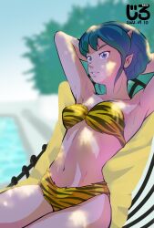 1girl animal_print arms_behind_back artist_logo bikini blue_eyes blue_hair blurry cone_horns dated depth_of_field highres horns jirohhb looking_to_the_side lum&#039;s_mother navel parted_lips pointy_ears pool print_bikini short_hair sitting solo swimsuit tiger_print urusei_yatsura