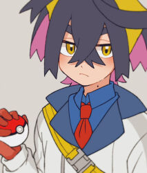 Rule 34 | 1boy, angry, belt, belt buckle, black hair, blue shirt, buckle, collared shirt, colored inner hair, commentary request, creatures (company), crossed bangs, frown, game freak, gloves, hair between eyes, hand up, hayashi (pixiv), headband, holding, holding poke ball, jacket, kieran (pokemon), male focus, mole, mole on neck, multicolored hair, necktie, nintendo, poke ball, pokemon, pokemon sv, purple hair, red gloves, red necktie, shirt, short hair, strap, two-tone hair, upper body, white jacket, yellow belt, yellow eyes, yellow headband