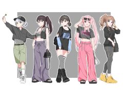 5girls adjusting_eyewear alternate_hairstyle artist_name backpack bag bang_dream! bang_dream!_it&#039;s_mygo!!!!! baseball_cap belt between_breasts black_bag black_belt black_choker black_footwear black_hat black_jacket black_shirt black_sweater black_vest blue_eyes blush boots border bracelet breasts brown_eyes brown_hair candy chihaya_anon choker cleavage closed_mouth clothes_writing collarbone commentary_request crop_top crop_top_overhang cropped_shirt detached_sleeves eyewear_on_head food full_body green_pants grey_background grey_bag grey_eyes grey_hair grey_pants grey_sports_bra grey_thighhighs hand_up handbag hat hat_writing heterochromia highres holding holding_bag holding_candy holding_food holding_lollipop jacket jewelry kaname_raana large_breasts lollipop long_hair long_sleeves looking_at_viewer matcha_(food) midriff mismatched_thighhighs mole mole_under_eye multiple_girls mygo!!!!!_(bang_dream!) nagasaki_soyo navel one_eye_closed open_clothes open_mouth open_vest ora_(oraora_oekaki) outside_border pants parted_bangs parted_lips pink_hair pink_pants ponytail purple_eyes sandals shiina_taki shirt short_hair short_sleeves shoulder_bag sidelocks simple_background single_sidelock socks sports_bra striped_clothes striped_thighhighs sunglasses sweatdrop sweater takamatsu_tomori thighhighs twintails vest white_background white_border white_footwear white_hair white_shirt white_socks yellow_eyes