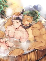 Rule 34 | 2boys, animal ears, arsalan (tokyo houkago summoners), bara, bare pectorals, beard, black hair, blonde hair, blush, brown fur, closed eyes, completely nude, couple, facial hair, fingernails, furry, furry male, furry with non-furry, green hair, halo, hand on another&#039;s head, highres, interspecies, large pectorals, leaning on person, lion boy, lion ears, male focus, medium hair, multicolored hair, multiple boys, muscular, nipples, nude, pectorals, same-sex bathing, shared bathing, sharp fingernails, short hair, stubble, tokyo houkago summoners, towel, towel on head, two-tone hair, wafu (youzora samo18), wet, yaoi, yellow eyes, zabaniyya (housamo)