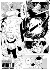 Rule 34 | !?, 4boys, alien, angry, artist name, aura, border, commentary, dragon ball, dragonball z, english commentary, english text, fantasy, frieza, gonnartworks, greyscale, male focus, monochrome, multiple boys, one eye closed, open mouth, outdoors, piccolo, pointy ears, saiyan armor, son goku, white border