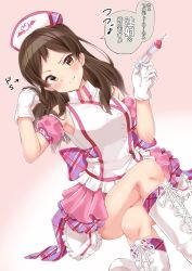 Rule 34 | 1girl, adjusting hair, armpits, arms up, bare arms, bare legs, boots, bow, brown hair, commentary, cross-laced footwear, detached sleeves, dress, gloves, gradient background, hat, highres, holding, holding syringe, idolmaster, idolmaster million live!, kitazawa shiho, lace-up boots, long hair, looking at viewer, musical note, nurse, nurse cap, partially translated, pink background, pink sleeves, plaid, plaid bow, plaid skirt, puffy short sleeves, puffy sleeves, short sleeves, simple background, skirt, sleeveless, sleeveless dress, smile, solo, spoken musical note, syringe, tktk135, translation request, white background, white footwear, white gloves, yellow eyes