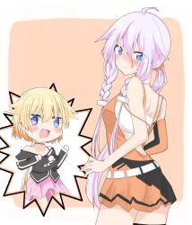 Rule 34 | 2girls, ahoge, bare back, belt, black shirt, blonde hair, blue eyes, blush, braid, cevio, chibi, chibi inset, commentary request, cosplay, costume switch, dress, from behind, hair flaps, hair tubes, highres, ia (vocaloid), long hair, looking at viewer, looking back, miniskirt, multiple girls, off-shoulder shirt, off shoulder, one (cevio), open mouth, orange background, orange dress, pink hair, pink skirt, pleated skirt, sena kizahashi, shirt, short hair, skirt, smile, spaghetti strap, strapless, tube top, twin braids, v-shaped eyebrows, vocaloid