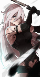 Rule 34 | 1girl, absurdres, android, armlet, black gloves, black shorts, black tank top, breasts, covered erect nipples, dual wielding, elbow gloves, gloves, hair between eyes, highres, holding, holding sword, holding weapon, joints, long hair, mole, mole under mouth, nier (series), nier:automata, robot joints, shorts, solo, sword, tank top, very long hair, vrangell, weapon, white hair, a2 (nier:automata)