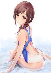 Rule 34 | 1girl, ass, back cutout, bare shoulders, blush, breasts, brown eyes, brown hair, clothing cutout, competition swimsuit, hair between eyes, hair over shoulder, idolmaster, idolmaster cinderella girls, looking at viewer, looking back, medium breasts, mifune miyu, nannacy7, one-piece swimsuit, open mouth, simple background, sitting, skindentation, smile, swimsuit, water, wet, wet clothes, wet swimsuit, white background