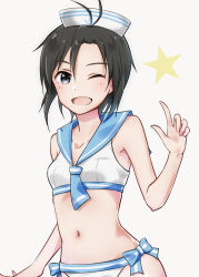 Rule 34 | 1girl, ;d, antenna hair, bikini, black eyes, black hair, blue bow, blue neckwear, blue sailor collar, bow, breasts, collarbone, hair between eyes, hat, highres, idolmaster, idolmaster (classic), index finger raised, kikuchi makoto, looking at viewer, mogskg, navel, one eye closed, open mouth, sailor bikini, sailor collar, sailor swimsuit (idolmaster), short hair, simple background, small breasts, smile, solo, standing, star (symbol), stomach, swimsuit, white background, white bikini, white hat