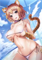 Rule 34 | 1girl, absurdres, animal ears, bare shoulders, beach, beach umbrella, bikini, blue sky, breast hold, breasts, brown eyes, brown hair, cat ears, cat tail, cloud, cloudy sky, collarbone, covered erect nipples, day, fingernails, highres, large breasts, looking at viewer, navel, nironiro, open mouth, outdoors, scan, shiny skin, short hair, side-tie bikini bottom, sky, smile, solo, swimsuit, tail, tiger ears, tiger tail, toranoana, umbrella