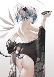 Rule 34 | 1girl, alternate costume, alternate hairstyle, aqua eyes, aqua hair, aqua nails, arched back, arknights, arm up, armpit crease, ass, back, bare back, bare shoulders, breasts, clothing request, commentary request, cowboy shot, cross, cross earrings, cup, demon horns, earrings, energy wings, eyeliner, fingernails, from side, halo, high ponytail, highres, holding, horns, iumu, japanese clothes, jewelry, long fingernails, long hair, looking at viewer, looking to the side, median furrow, medium breasts, mostima (arknights), nail polish, nipples, off shoulder, open clothes, parted lips, pouring, pouring onto self, red eyeliner, sakazuki, see-through, see-through silhouette, sidelocks, simple background, solo, tail, thighs, white background
