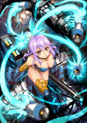 Rule 34 | 1girl, absurdres, boots, breasts, cleavage, gauntlets, gun, highres, missile, original, purple hair, realmbw, solo, thigh boots, thighhighs, thighs, wacom, weapon, yellow eyes