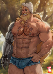 Rule 34 | 1boy, abs, absurdres, adventure time, aged up, arm hair, bara, beard, blonde hair, bulge, chest hair, chest tattoo, cowboy shot, doctor anfelo, facial hair, finn the human, forest, grin, hairy, highres, huge pectorals, leg hair, long beard, looking at viewer, male focus, mature male, mechanical arms, muscular, muscular male, nature, navel, navel hair, nipples, paid reward available, pectorals, seductive smile, short hair, single mechanical arm, smile, solo, stomach, strongman waist, tattoo, thick eyebrows, thick thighs, thighs, tied beard, topless male