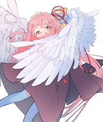 Rule 34 | 1girl, angel wings, black dress, blue thighhighs, bowed wings, commentary, dress, feet out of frame, floating hair, futaba mei, hair over mouth, hair ribbon, half-closed eyes, highres, kotonoha akane, light particles, long hair, looking at viewer, pink hair, red eyes, red ribbon, ribbon, sidelocks, simple background, sleeves past fingers, sleeves past wrists, solo, thick eyebrows, thighhighs, very long hair, voiceroid, white background, wide sleeves, wings