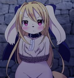 Rule 34 | 1girl, blonde hair, bound, collar, dog, for sale, furry, furry female, kemoribon, long hair, price tag, purple eyes, rope, solo