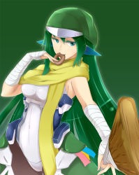 Rule 34 | 1girl, bandages, blue eyes, bodysuit, breasts, broom, doughnut, dryad, ear covers, eating, female focus, food, grace o&#039;malley, green background, green hair, green theme, hat, kyoukaisenjou no horizon, long hair, pantyhose, pointy ears, scarf, solo, srkh