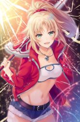 Rule 34 | 1girl, :d, bad id, bad pixiv id, bandeau, belt, belt buckle, black belt, blonde hair, blue shorts, blush, breasts, buckle, clarent (fate), cleavage, collarbone, commentary request, cutoffs, denim, denim shorts, fate/grand order, fate (series), green eyes, groin, highres, holding, holding sword, holding weapon, ichigo seika, jacket, jewelry, long hair, looking at viewer, medium breasts, mordred (fate), mordred (fate/apocrypha), mordred (memories at trifas) (fate), navel, open clothes, open jacket, open mouth, pendant, ponytail, red jacket, short shorts, shorts, sidelocks, smile, solo, sword, v-shaped eyebrows, weapon, white bandeau