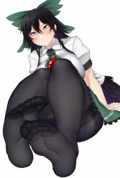 Rule 34 | 1girl, arm support, black hair, black pantyhose, black wings, blush, bow, breast press, breasts, dress, feet, foot focus, hair bow, highres, knees to chest, large breasts, long hair, nicutoka, pantyhose, puffy short sleeves, puffy sleeves, red eyes, reiuji utsuho, short sleeves, simple background, sitting, smile, soles, third eye, touhou, white background, wings