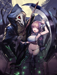 Rule 34 | 1girl, :d, arm up, bad id, bad pixiv id, black thighhighs, bow, breasts, btraphen, cloak, crop top, death (entity), from above, full moon, graveyard, grim reaper, hair bow, hand up, highres, holding, hood, hood up, large breasts, long hair, looking at viewer, mask, moon, navel, night, open mouth, original, outdoors, pointy ears, purple bow, scythe, skeleton, skull, skull mask, smile, thighhighs, thighs, tombstone, tsurime, wrist cuffs