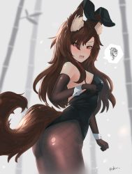 Rule 34 | 1girl, animal ear fluff, animal ears, ass, bare shoulders, black leotard, black pantyhose, blush, brown hair, ehrrr, elbow gloves, eyes visible through hair, fake animal ears, fang, fishnet pantyhose, fishnets, gloves, hair over one eye, highres, imaizumi kagerou, leotard, long hair, looking at viewer, open mouth, pantyhose, playboy bunny, rabbit ears, rabbit tail, red eyes, solo, standing, strapless, strapless leotard, tail, touhou, wolf ears, wolf tail, wrist cuffs
