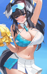 Rule 34 | 1girl, absurdres, animal ears, arms up, bare shoulders, blue archive, blush, breasts, cheerleader, cleavage, dog ears, dog girl, dog tail, eyewear on head, goggles, goggles on head, halo, hibiki (blue archive), hibiki (cheer squad) (blue archive), highres, holding, holding pom poms, large breasts, long hair, looking at viewer, millennium cheerleader outfit (blue archive), navel, onedoo, open mouth, pom pom (cheerleading), pom poms, solo, sticker on arm, sticker on face, tail
