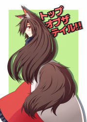 Rule 34 | 1girl, animal ears, blush, cover, cover page, dress, frilled dress, frills, from behind, frown, green background, hair over one eye, imaizumi kagerou, long hair, looking at viewer, looking back, mamedenchi, multicolored clothes, multicolored dress, red dress, red eyes, slit pupils, solo, tail, touhou, translation request, two-tone background, very long hair, white background, white dress, wolf ears, wolf tail