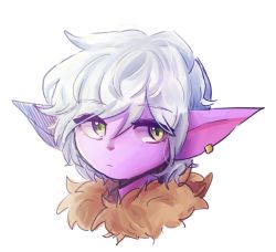 Rule 34 | 1girl, colored skin, cropped shoulders, earrings, fur collar, grey background, jewelry, league of legends, messy hair, nipeu nip (yord13), pink skin, pointy ears, portrait, short hair, simple background, solo, tristana, white hair