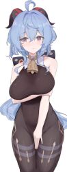 Rule 34 | 1girl, ahoge, arm under breasts, bare arms, bare shoulders, bell, black leotard, black pantyhose, blue hair, blush, bodystocking, bodysuit, bow, breasts, covered navel, covering crotch, covering privates, ganyu (genshin impact), genshin impact, groin, horns, large breasts, leotard, leotard under clothes, long hair, looking to the side, low ponytail, na rnq c, neck bell, no gloves, pantyhose, purple eyes, sidelocks, sleeveless, solo, standing, thighlet, thighs, white background