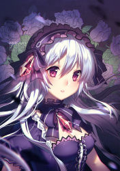 Rule 34 | 1girl, bonnet, bow, breasts, chromatic aberration, fairy fencer f, frills, hairband, lolita hairband, long hair, looking at viewer, medium breasts, open mouth, red eyes, ribbon, rosuuri, solo, tiara (fairy fencer f), white hair