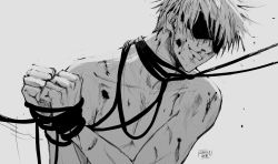 Rule 34 | 1boy, bdsm, blindfold, blood, bondage, bound, bound wrists, clenched hands, collarbone, commentary, cuts, english commentary, gojou satoru, greyscale, highres, injury, jujutsu kaisen, male focus, masochism, monochrome, pectorals, saucybrtt, short hair, smile, smirk, solo, topless male