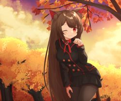 Rule 34 | 1girl, :3, absurdres, animal ears, autumn leaves, black jacket, black skirt, blush, bow, bowtie, brown hair, buttons, cat ears, closed mouth, cloud, cloudy sky, commission, copyright request, dot nose, double-breasted, hand on leg, hand up, highres, jacket, klaius, leaning forward, long hair, looking at viewer, miniskirt, one eye closed, pantyhose, paw pose, red bow, red bowtie, red eyes, skirt, sky, smile, solo, sunset, tail, thighband pantyhose, tree, very long hair, yellow sky