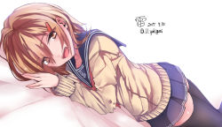 Rule 34 | 10s, 1girl, :d, anchor symbol, bed sheet, blue skirt, blush, brown eyes, brown hair, dated, dutch angle, eyes visible through hair, fang, hair ornament, hair over one eye, hairclip, half-closed eyes, ikazuchi (kancolle), kantai collection, long sleeves, looking at viewer, lying, miniskirt, neckerchief, on stomach, open mouth, pleated skirt, red neckerchief, school uniform, serafuku, short hair, simple background, skirt, smile, solo, thighhighs, twitter username, white background, yukiguni yuu, zettai ryouiki