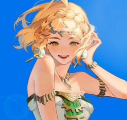 Rule 34 | 1girl, bare shoulders, blonde hair, blush, braid, collarbone, crown braid, dress, earrings, green eyes, hair ornament, highres, hireath 21, jewelry, looking at viewer, necklace, nintendo, official alternate costume, official alternate hair length, official alternate hairstyle, open mouth, parted bangs, pointy ears, princess zelda, short hair, sidelocks, solo, teardrop facial mark, the legend of zelda, the legend of zelda: tears of the kingdom, white dress