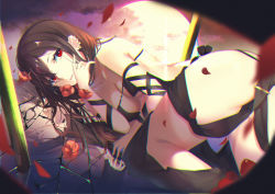 Rule 34 | 1girl, absurdres, ass, bare shoulders, black dress, blurry, breasts, brown hair, cleavage, collarbone, depth of field, diffraction spikes, dress, ear piercing, fate/grand order, fate (series), flower, full moon, glass, highres, huge filesize, long hair, looking at viewer, medium breasts, moon, parted lips, petals, piercing, red eyes, red flower, reflection, revealing clothes, rose, shattered, solo, yu mei-ren (fate), yufou