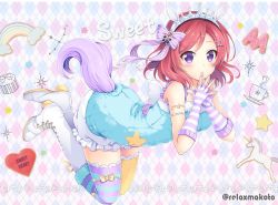Rule 34 | 1girl, :o, animal ears, artist name, artist request, asymmetrical legwear, bare shoulders, blush, boots, bow, dress, female focus, fingerless gloves, full body, gloves, hair between eyes, hair ornament, hair ribbon, hairclip, jewelry, looking at viewer, love live!, love live! school idol festival, love live! school idol project, mismatched legwear, necklace, nishikino maki, parted lips, purple eyes, purple tail, red hair, ribbon, sakurai makoto (custom size), short hair, sleeveless, sleeveless dress, solo, star (symbol), star print, striped bow, striped clothes, striped gloves, striped ribbon, striped thighhighs, tail, thighhighs, tiara, white footwear, wings, yellow thighhighs