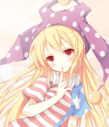 Rule 34 | 1girl, american flag dress, american flag shirt, bad id, bad pixiv id, blonde hair, blush, closed mouth, clownpiece, collar, eyebrows, fairy wings, finger to mouth, frilled collar, frilled shirt collar, frills, hasuga sea, hat, jester cap, jewelry, long hair, looking at viewer, md5 mismatch, neck ruff, necklace, pearl necklace, polka dot, red eyes, shirt, simple background, smile, solo, star (symbol), striped, touhou, upper body, very long hair, wings