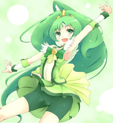 Rule 34 | 10s, 1girl, :d, arm up, armpits, bad id, bad pixiv id, bike shorts, bike shorts under skirt, bow, cure march, dress, eyelashes, green eyes, green hair, green shorts, green skirt, green theme, kannagi kaname, long hair, magical girl, midorikawa nao, open mouth, ponytail, precure, shorts, shorts under skirt, skirt, smile, smile precure!, solo, tiara, tri tails, wrist cuffs