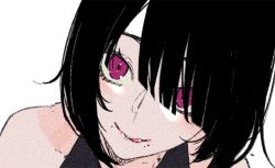 Rule 34 | 1girl, :p, bare shoulders, black hair, hair over one eye, head tilt, kayahara, looking at viewer, mole, mole under mouth, original, portrait, purple eyes, simple background, sleeveless, smile, solo, tongue, tongue out, white background