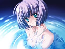 Rule 34 | 1girl, aqua eyes, bare shoulders, beads, blue eyes, bracelet, breasts, carnelian, cleavage, dress, frilled dress, frills, from above, game cg, head tilt, jewelry, layered dress, light purple hair, light smile, looking at viewer, necklace, parted lips, pearl necklace, purple hair, quilt (game), short hair, sia (quilt), small breasts, smile, solo, sparkle, strapless, strapless dress, sugiyama genshou, water, wet, white dress