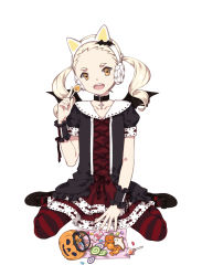 Rule 34 | 1boy, :d, androgynous, animal ears, blonde hair, candy, choker, cross, cross necklace, crossdressing, dress, fake animal ears, fang, food, hair ornament, halloween, jewelry, lollipop, looking at viewer, male focus, montanyaoh, necklace, october, open mouth, orange eyes, original, pantyhose, simple background, sitting, smile, solo, striped, sweets, teeth, trap, twintails, wariza, white background