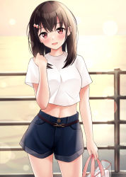 Rule 34 | 1girl, bag, belt, blurry, blurry background, blush, bow, brown hair, denim, denim shorts, fence, hair bow, hand up, highres, holding, holding bag, looking at viewer, medium hair, midriff, navel, open mouth, original, outdoors, pink bow, pink eyes, shirt, short sleeves, shorts, smile, solo, standing, t-shirt, white shirt, yukimaru217