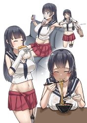 Rule 34 | 1girl, absurdres, agano (kancolle), black hair, breast rest, breasts, breasts on table, bubble tea challenge, cellphone, chopsticks, closed eyes, couch, eating, food, garylin, gloves, highres, holding, holding chopsticks, holding food, holding spoon, kantai collection, large breasts, long hair, navel, noodles, phone, pleated skirt, simple background, single thighhigh, skirt, smartphone, spoon, thighhighs, white gloves