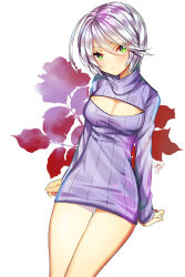 Rule 34 | 1girl, arm support, blush, breasts, cleavage, cleavage cutout, closed mouth, clothing cutout, cowboy shot, dress, gambe, green eyes, grey hair, hair between eyes, large breasts, long sleeves, looking at viewer, meme attire, naked sweater, open-chest sweater, pretty series, pripara, ribbed sweater, shikyoin hibiki, short hair, sitting, solo, sweater, sweater dress, third-party source, turtleneck, turtleneck sweater, white background
