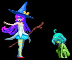 Rule 34 | green hair, hat, lowres, magic castle re pure aria, pink hair, pixel art, staff, witch hat, yomitim