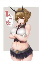 Rule 34 | 1girl, absurdres, bare arms, bare shoulders, black skirt, breasts, brown hair, crossed arms, gloves, green eyes, grey background, headgear, highres, kantai collection, large breasts, looking at viewer, metal belt, midriff, mutsu (kancolle), navel, pleated skirt, pout, revision, short hair, simple background, skirt, solo, striped clothes, striped skirt, uru (uru0000), white background, white gloves