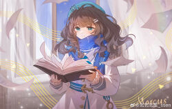 Rule 34 | 1girl, absurdres, anchor ornament, beibeibeisheng, belt, beret, blue belt, blue eyes, blue hat, blue scarf, blue sky, book, brown hair, character name, dress, hat, highres, holding, holding book, indoors, light particles, long hair, long sleeves, looking at object, marcus (reverse:1999), open book, paper, reading, reverse:1999, scarf, sky, solo, staff (music), upper body, weibo logo, weibo watermark, white dress, window