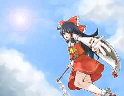 Rule 34 | 1girl, ascot, bare shoulders, black hair, bow, brown eyes, chachami ashu, cloud, day, detached sleeves, dress, hair bow, hair tubes, hakurei reimu, highres, lens flare, long hair, looking at viewer, open mouth, outstretched hand, red dress, red skirt, sarashi, skirt, skirt set, sky, solo, sun, touhou
