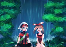 Rule 34 | 1boy, 1girl, :d, bad id, bad pixiv id, between legs, bike shorts, black pants, black shorts, blue eyes, bow, brendan (pokemon), brown hair, collarbone, creatures (company), day, eye contact, game freak, hair bow, hairband, hand between legs, jacket, long hair, looking at another, may (pokemon), nintendo, open mouth, outdoors, pants, pokemon, pokemon oras, red hairband, red jacket, red shirt, shirt, short shorts, short sleeves, shorts, shorts under shorts, sitting, sleeveless, sleeveless shirt, smile, striped, striped bow, twintails, water, waterfall, white shorts, yuihico