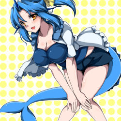 Rule 34 | 1girl, bad id, bad pixiv id, bent over, blue hair, breasts, brown eyes, cleavage, creatures (company), female focus, fins, fish tail, frills, game freak, gen 1 pokemon, hands on own knees, hanging breasts, head fins, jacket, knees together feet apart, large breasts, leaning forward, long hair, looking at viewer, midriff, nintendo, open clothes, open jacket, open mouth, orange eyes, personification, pokemon, polka dot, polka dot background, ponytail, short shorts, shorts, smile, solo, tail, thighs, vaporeon, yue (show-ei)